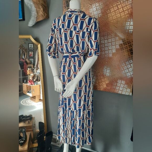 Nwot Zara Geometric Blue, Burgundy and Cream Maxi Dress - Picture 3 of 16